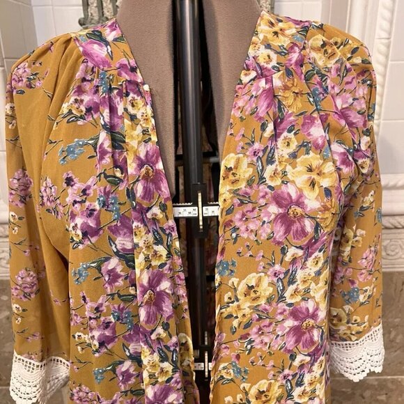 Unbranded. Sz S-M. Open Flyaway Chiffon Boho Cardigan Kimono. Lace Trim. B100 - Picture 2 of 7